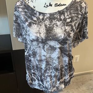 Women's Short Sleeve Scoop Neck Blouse/Embellished Front - Gray SOME SHEERNESS